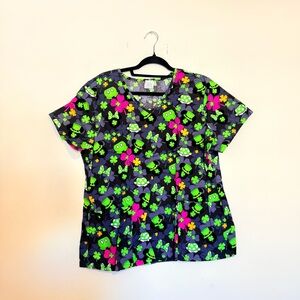 Disney | Black Scrubs Tee with Neon Green and Pink St Patrick's Clover Patterns